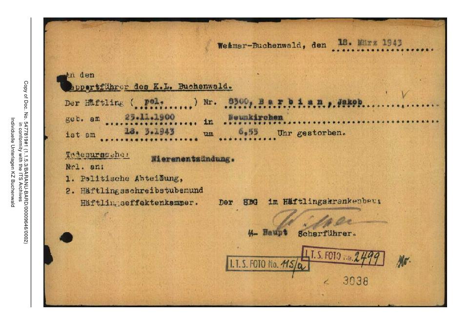 Blatt1-Personalakte Jakob Barbian - KZ Buchenwald